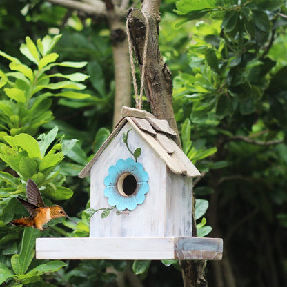 Bird Feeder House for outside Hanging, Wooden Birdhouse Bluebird House Feeder Handcrafted Hut