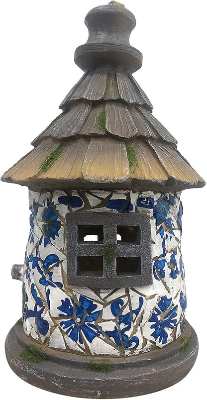 Bird House for Outdoor with Pole Garden Decor Hanging Birdhouses Weatherproof Birdnest for outside Bluebird, Finch, Wren, Chickadee, Wild Birds Big Size Resin White Bule