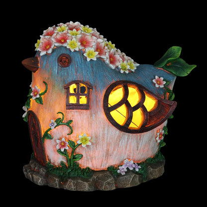 Solar Bird Fairy Garden House – Hand Painted Fairy House Garden Statue W/Solar LED Lights – Durable Resin Fairy Garden Decorations – Fairy Garden Accessories (6" L X 9" W X 8" H)