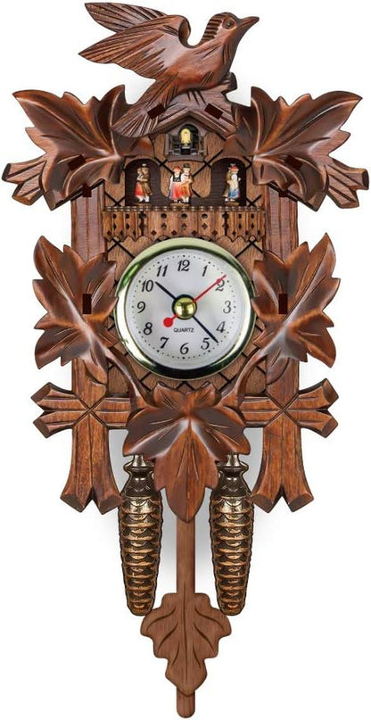 Traditional MDF Black Forest Style Cuckoo Clock with Swinging Pendulum - No Coo Coo Sound but Cute Decorative Wall Clock for Home Livingroom Decor (Carved Style 3)