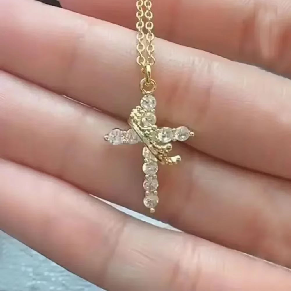 2024 Hot Sale AAAA Cubic Zircon Plated 14K Gold 50Cm Length Men Women Cross Necklace Crown Rotatable Hang Jewelry Drop Shipping