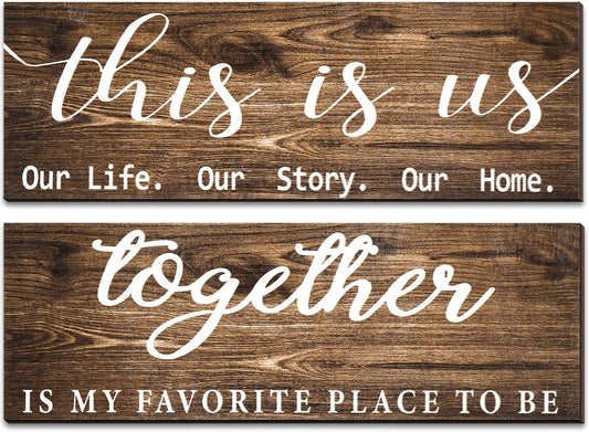 2 Pcs This Is Us Wall Decor Home Wooden Wall Sign Family Wall Plaques Together Is My Favorite Place to Be Sign Rustic Wood Entryway Plaque for Bedroom Living Room,4.7 X 13.8 Inch(Brown)