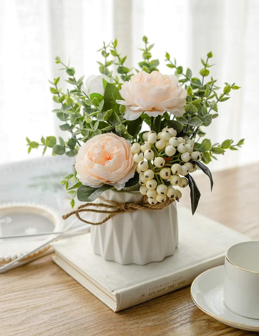 Artificial Flowers in Vase,Fake Flowers with Vase,Flower Arrangements with Vase for Flower Centerpiece Table Decorations,Small Flower Arrangement for Home Office Decoration(Champagne)