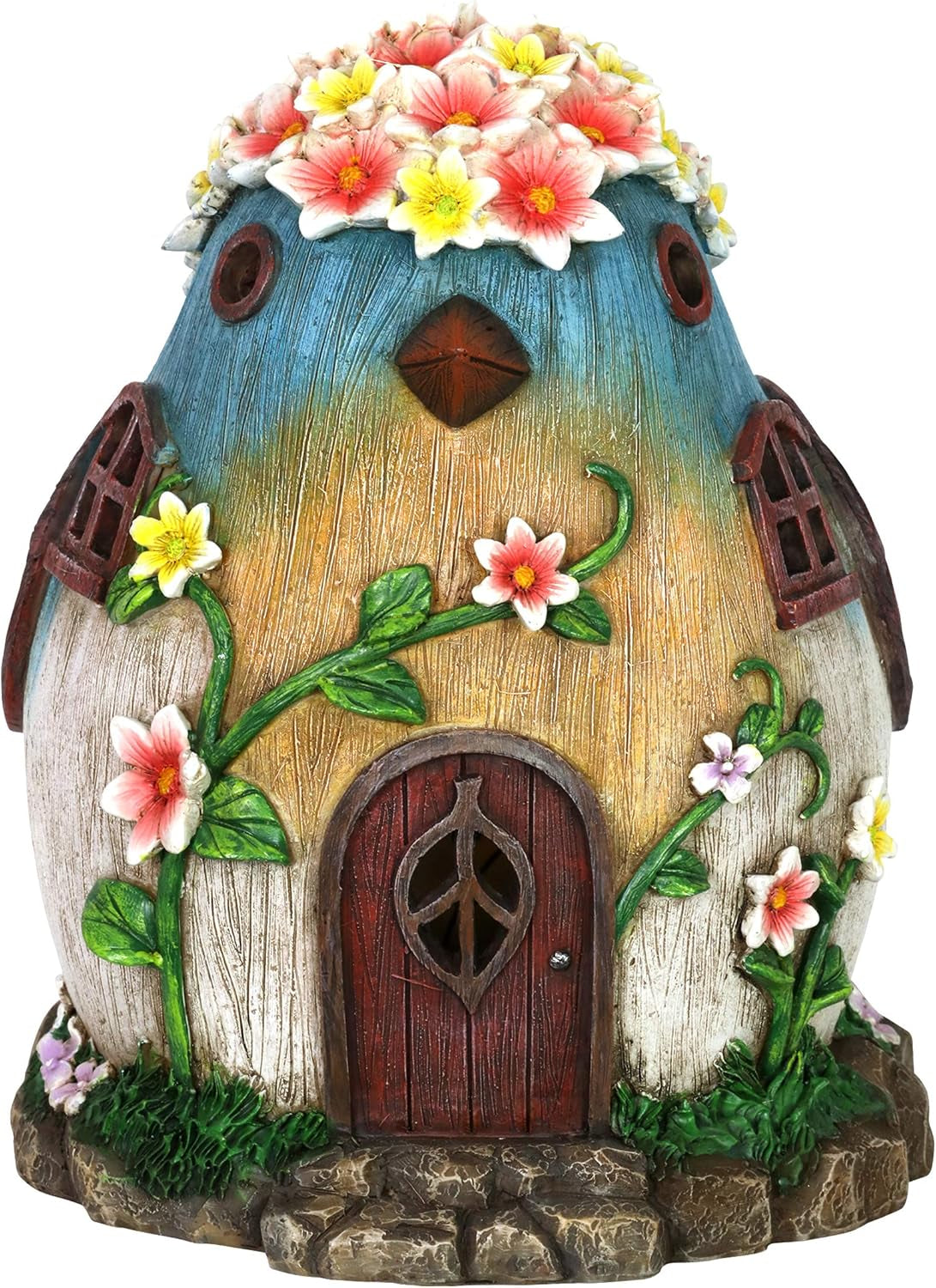 Solar Bird Fairy Garden House – Hand Painted Fairy House Garden Statue W/Solar LED Lights – Durable Resin Fairy Garden Decorations – Fairy Garden Accessories (6" L X 9" W X 8" H)