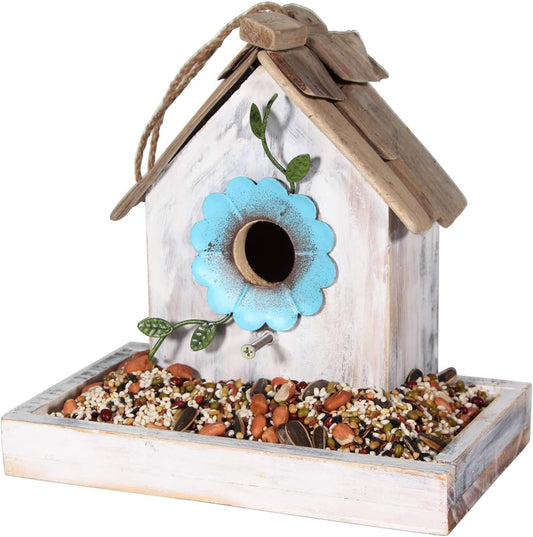 Bird Feeder House for outside Hanging, Wooden Birdhouse Bluebird House Feeder Handcrafted Hut