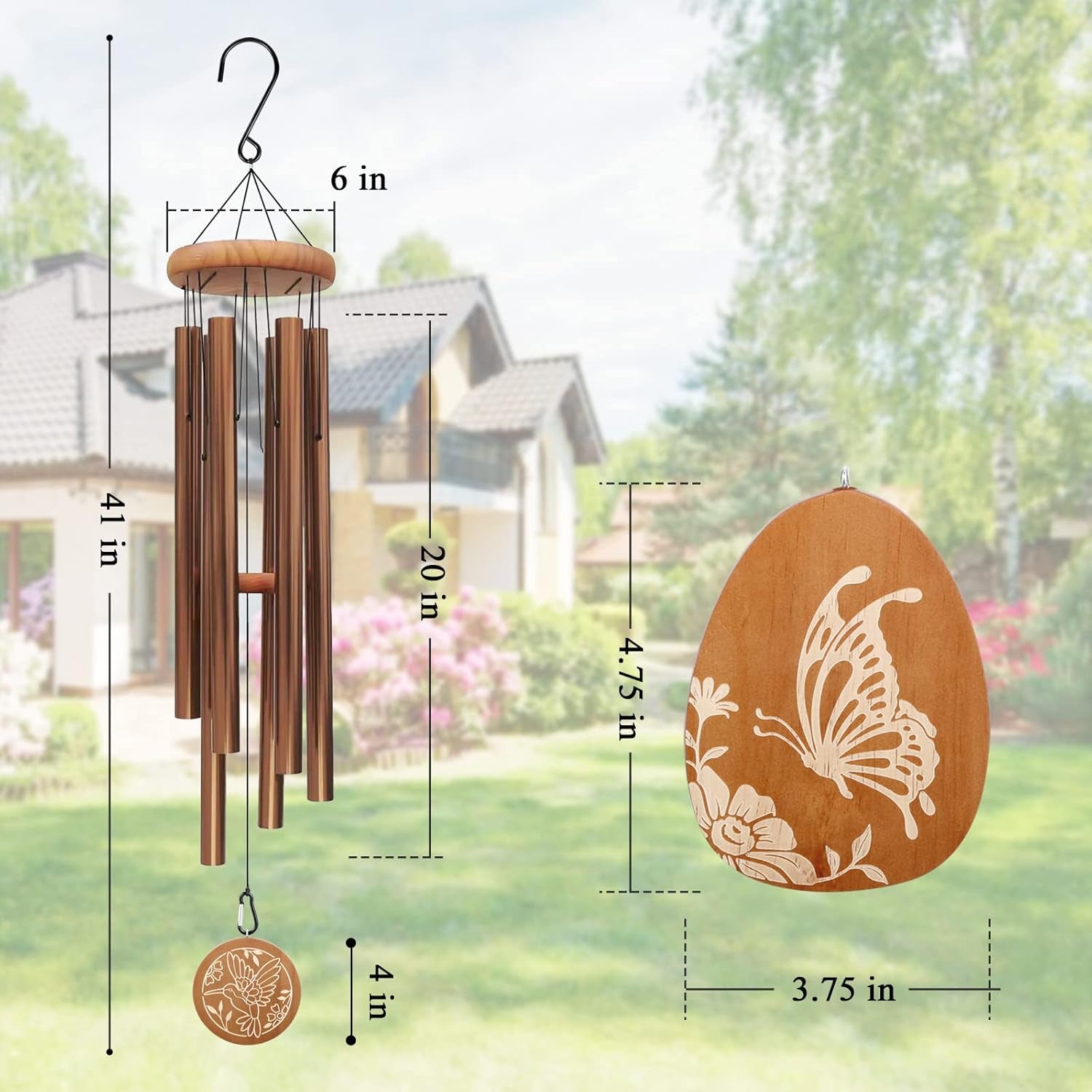 Large Wind Chimes outside Deep Tone,41 Inch Memorial Wind Chimes Outdoor Clearance,Hummingbird/Butterfly Wind Chimes, for Friends and Families, Outdoor for Yard,Patio and Garden (Bronzed)